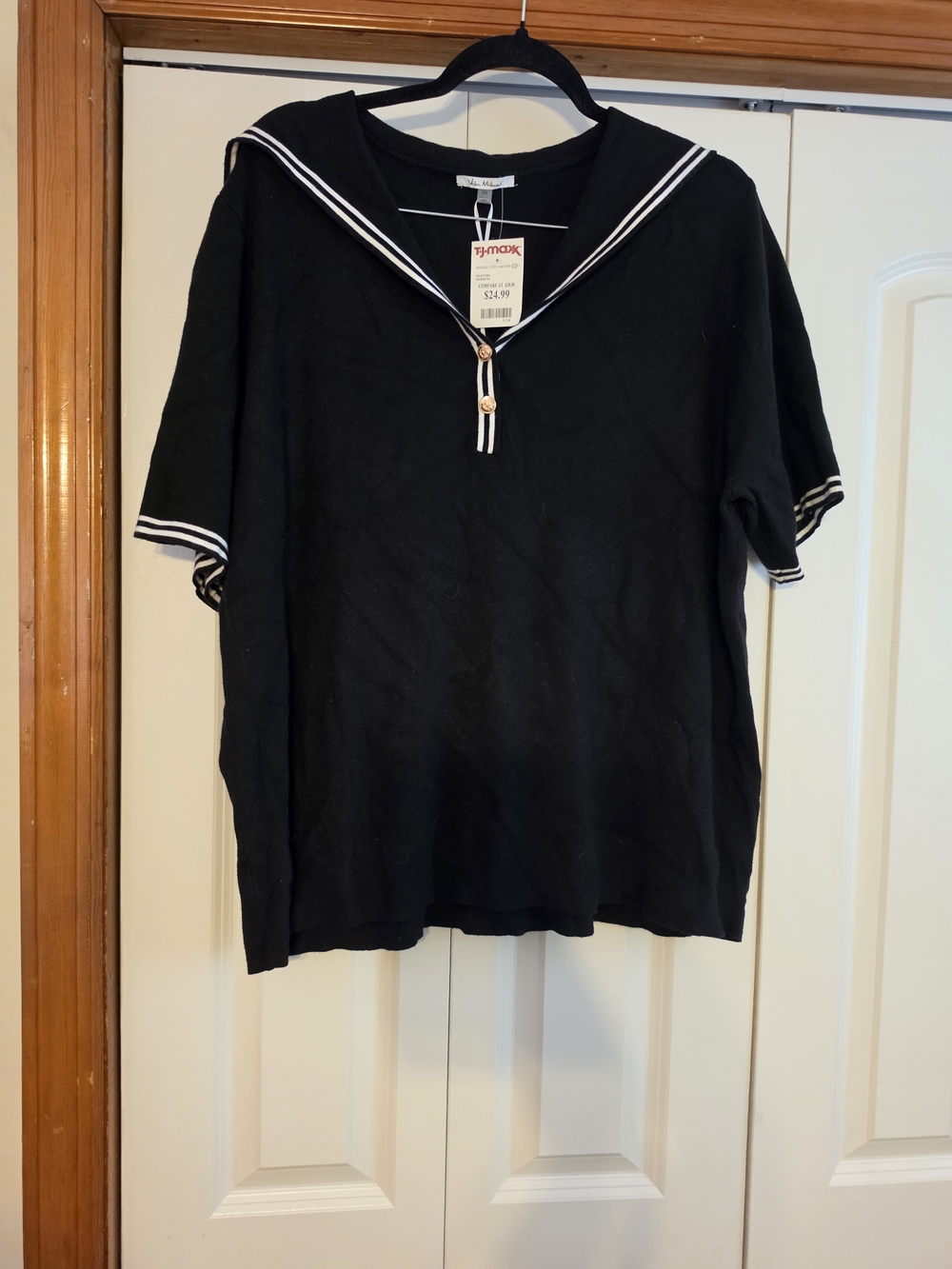 Plus Size Black Sailor Collar Short Sleeve Top with White Trim